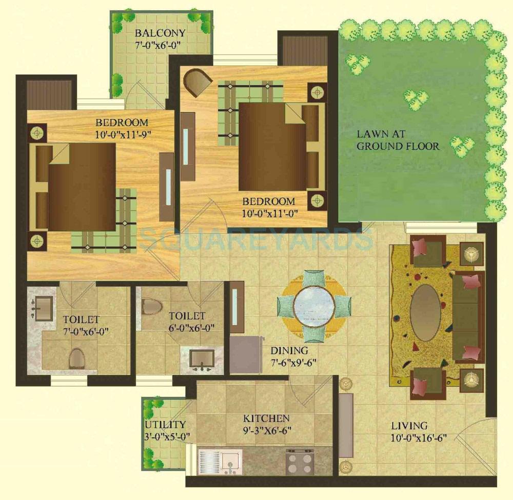 Floor plan of 2 BHK 1000 Sq. Ft. Apartment in SARE Crescent Parc Royal Greens Phase I, Gurgaon