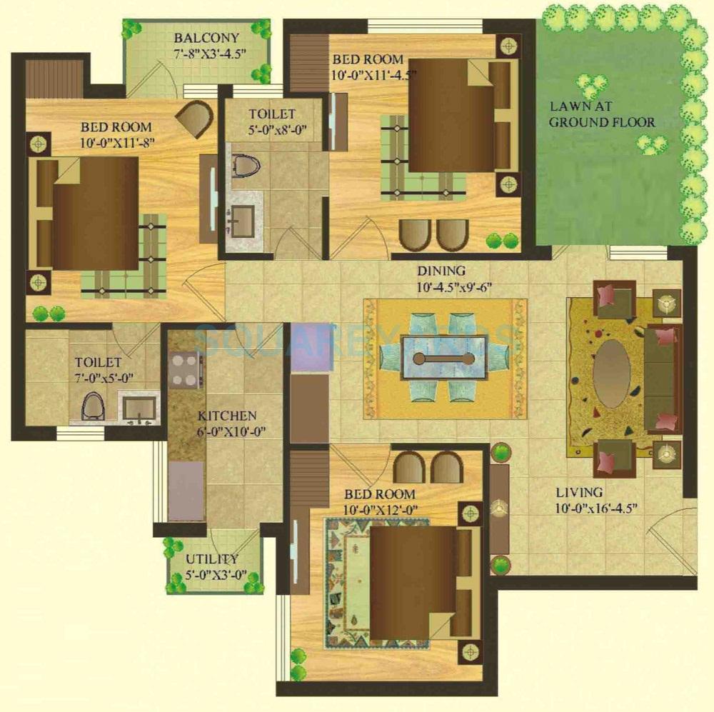Floor plan of 3 BHK 1150 Sq. Ft. Apartment in SARE Crescent Parc Royal Greens Phase I, Gurgaon