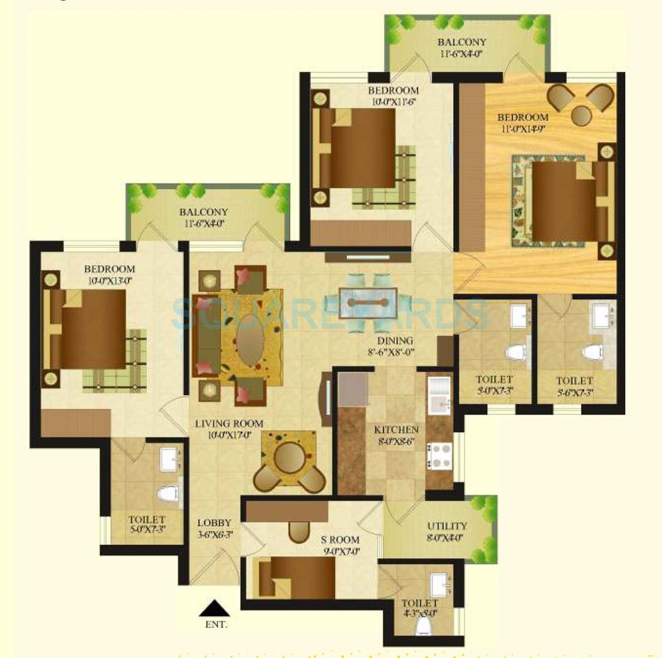 Floor plan of 3 BHK 1454 Sq. Ft. Apartment in SARE Crescent Parc Royal Greens Phase II, Gurgaon