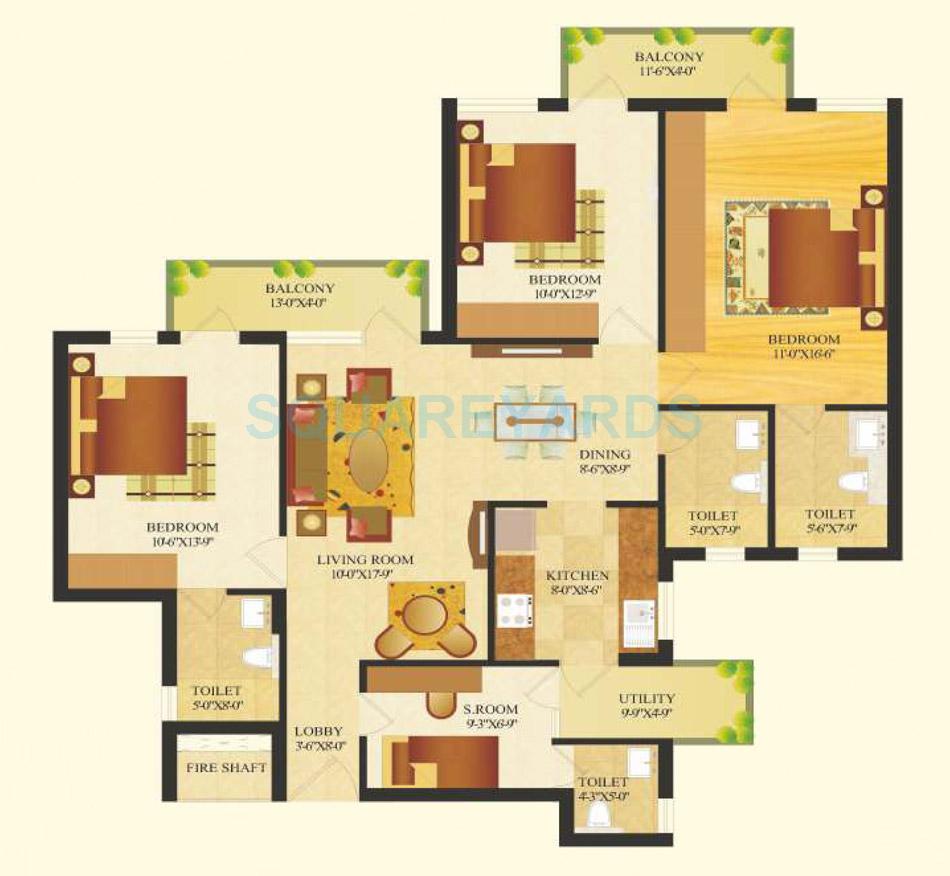 Floor plan of 3 BHK 1516 Sq. Ft. Apartment in SARE Crescent Parc Royal Greens Phase II, Gurgaon