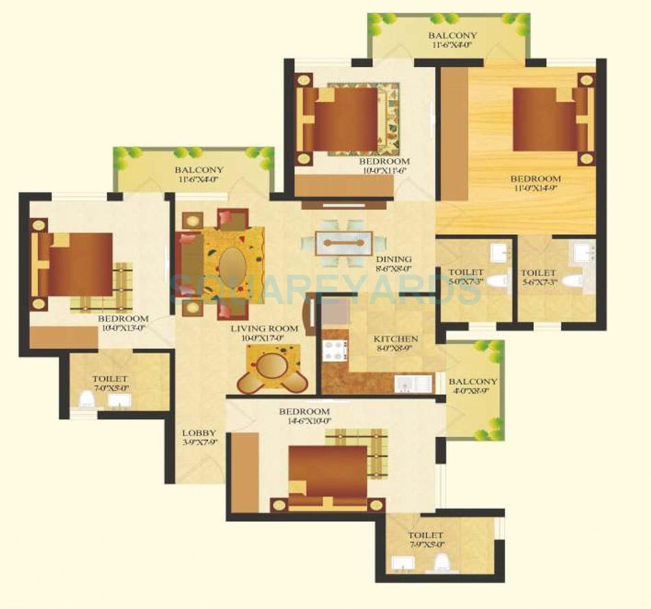 Floor plan of 4 BHK 1620 Sq. Ft. Apartment in SARE Crescent Parc Royal Greens Phase II, Gurgaon
