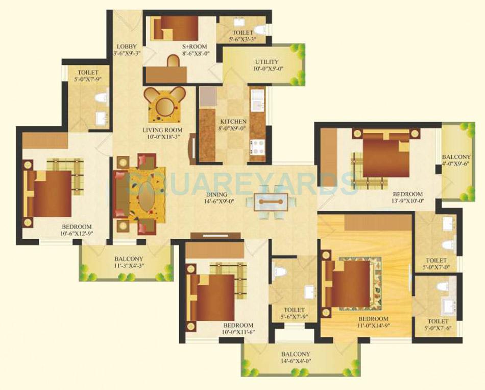 Floor plan of 4 BHK 1859 Sq. Ft. Apartment in SARE Crescent Parc Royal Greens Phase II, Gurgaon