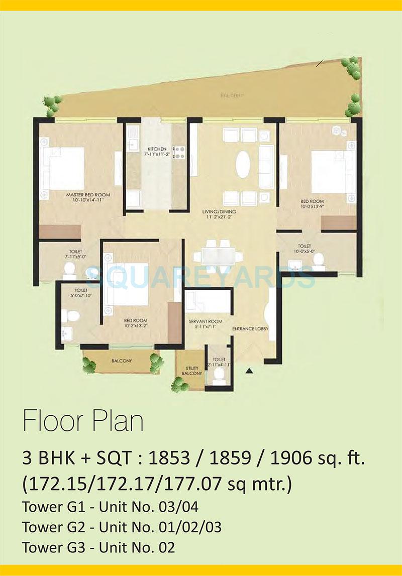 Floor plan of 3 BHK 1853 Sq. Ft. Apartment in SARE The Grand, Gurgaon