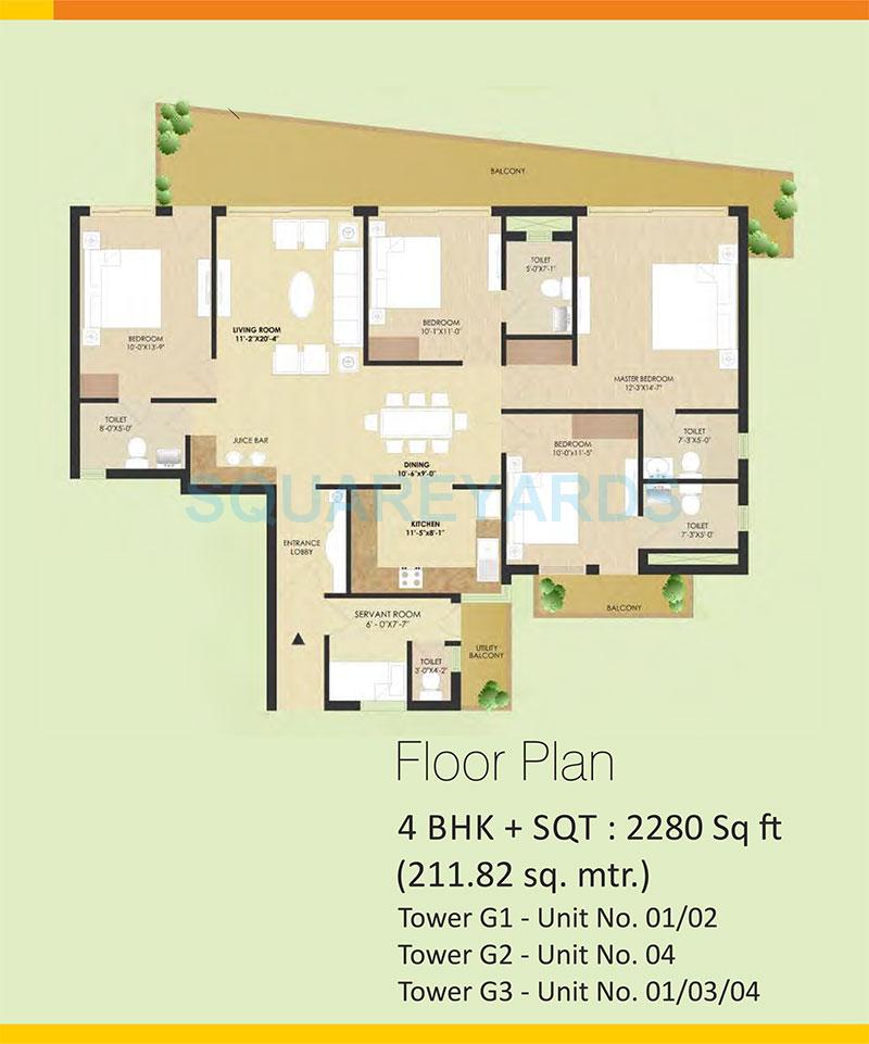 Floor plan of 4 BHK 2280 Sq. Ft. Apartment in SARE The Grand, Gurgaon