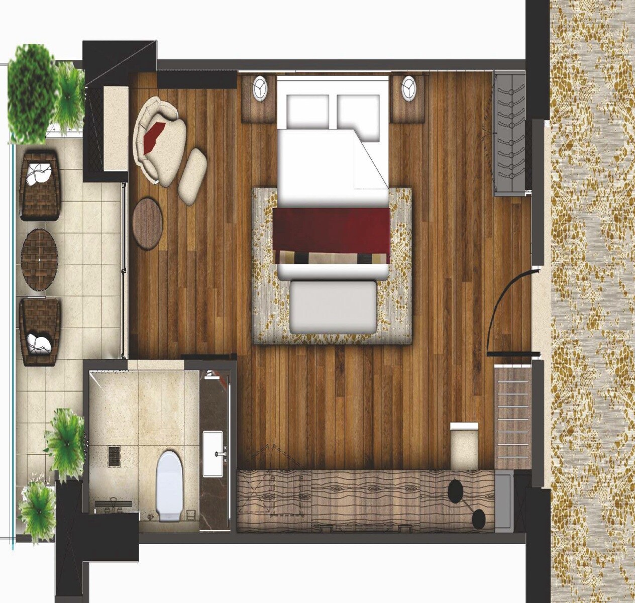 Floor plan of 671 Sq. Ft. Studio in Satya Element One Service Apartment, Gurgaon