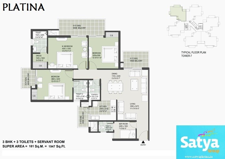 Floor plan of 3 BHK 1947 Sq. Ft. Apartment in Satya Platina, Gurgaon