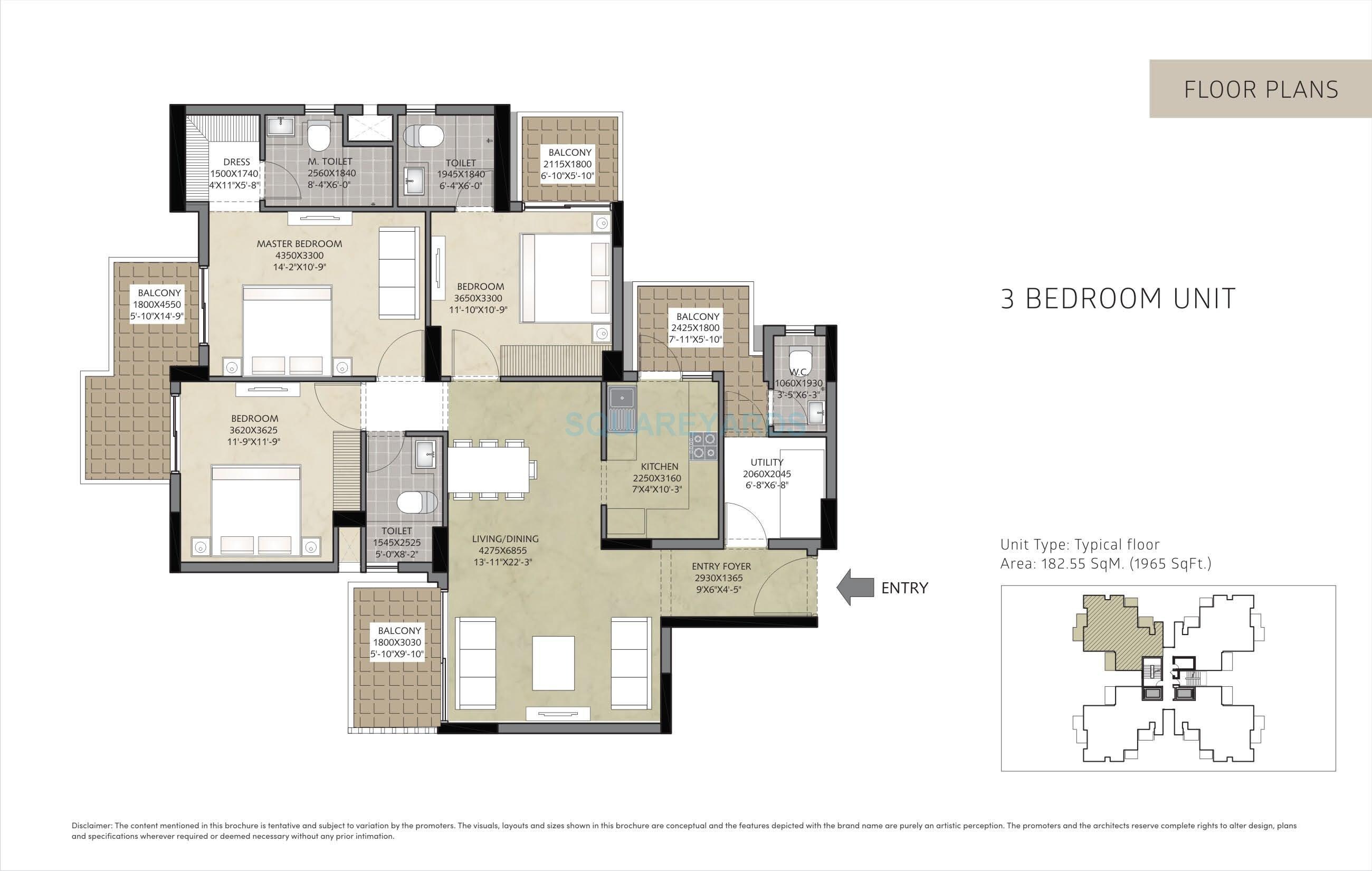 Floor plan of 3 BHK 1965 Sq. Ft. Apartment in Satya Residences, Gurgaon