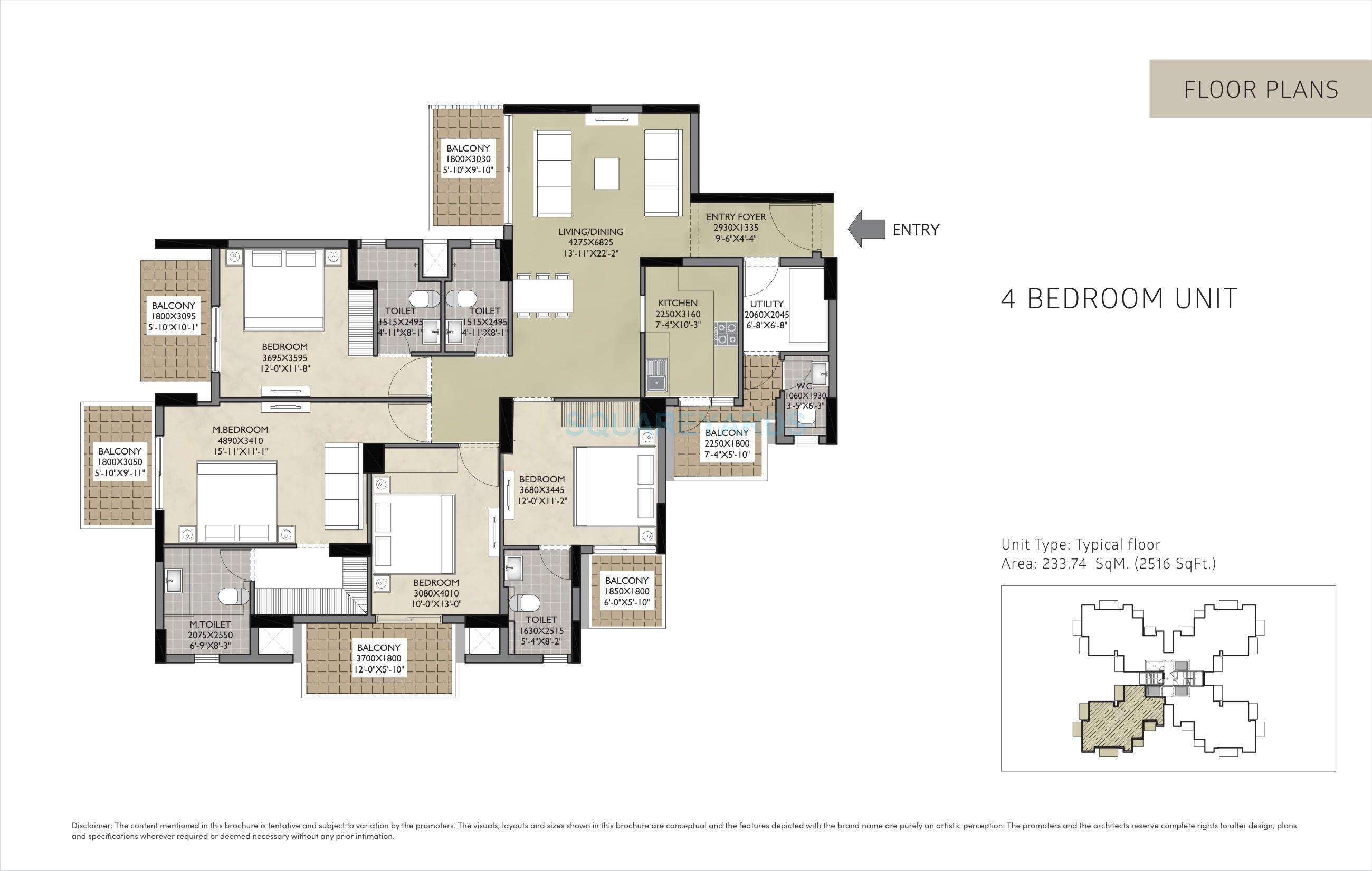 4 BHK 2516 Sq. Ft. ApartmentTypical Floor Plan for Sale in