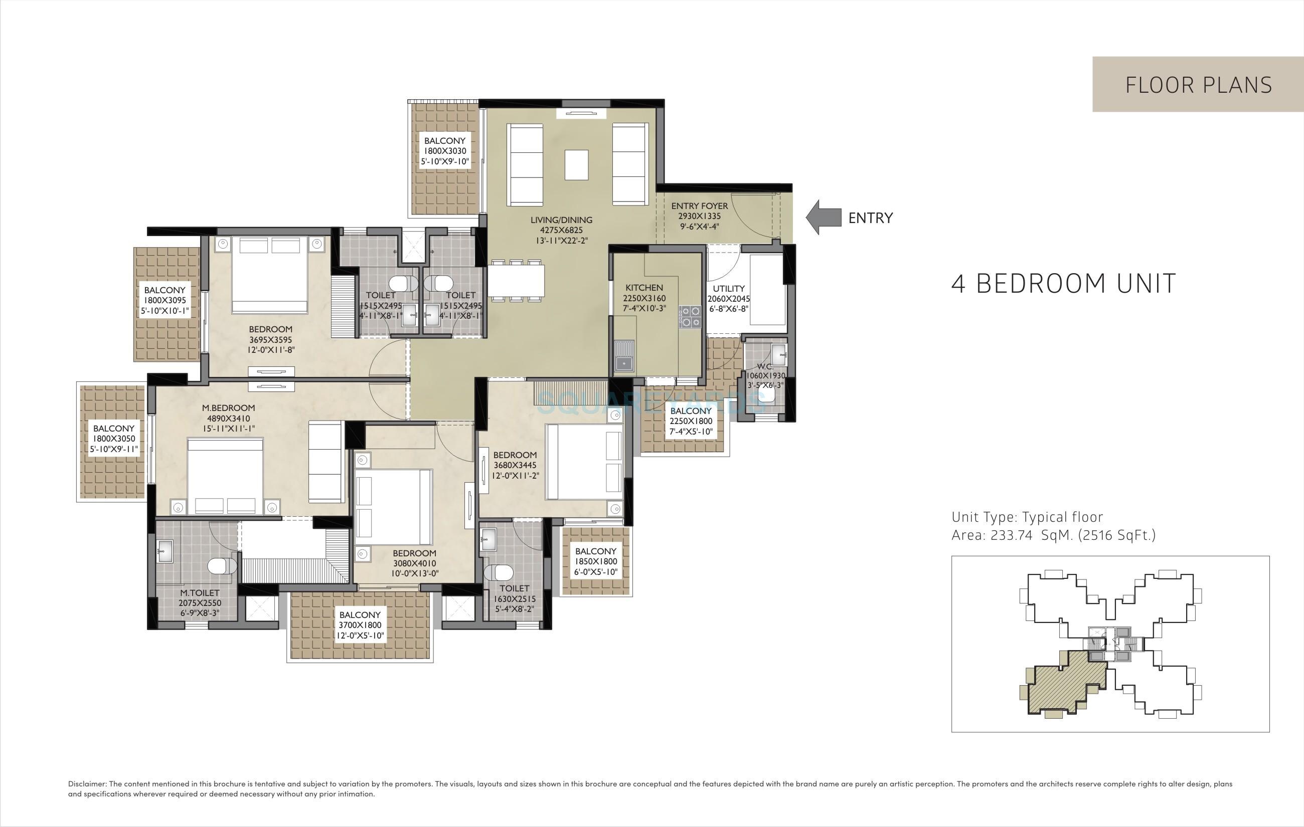 Floor plan of 4 BHK 2516 Sq. Ft. Apartment in Satya Residences, Gurgaon