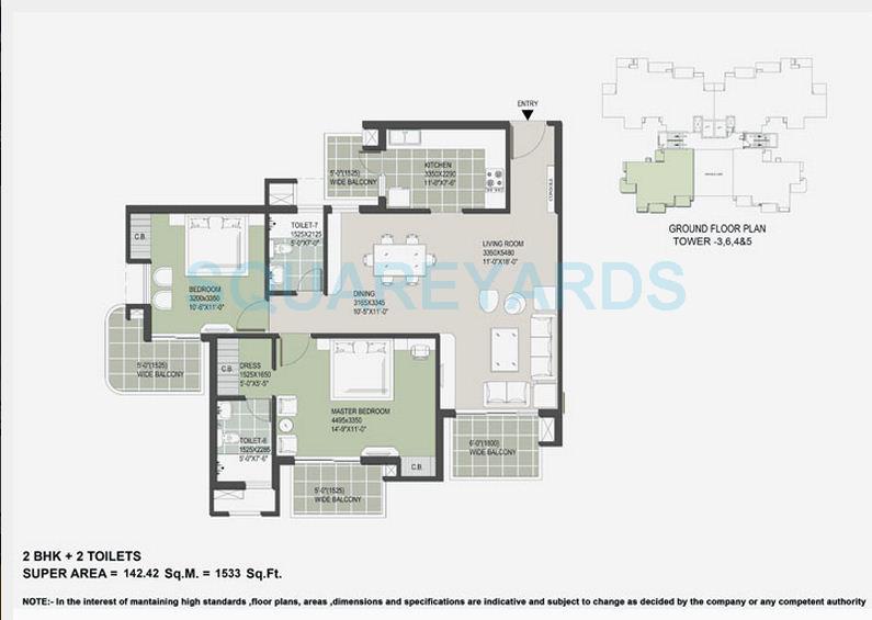 Floor plan of 2 BHK 1533 Sq. Ft. Apartment in Satya The Hermitage, Gurgaon