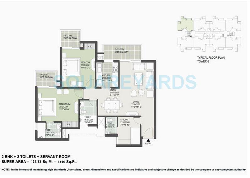 Floor plan of 2 BHK 1419 Sq. Ft. Apartment in Satya The Hermitage, Gurgaon