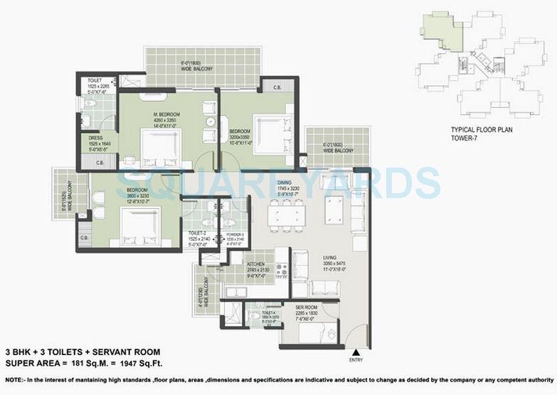 Floor plan of 3 BHK 1947 Sq. Ft. Apartment in Satya The Hermitage, Gurgaon