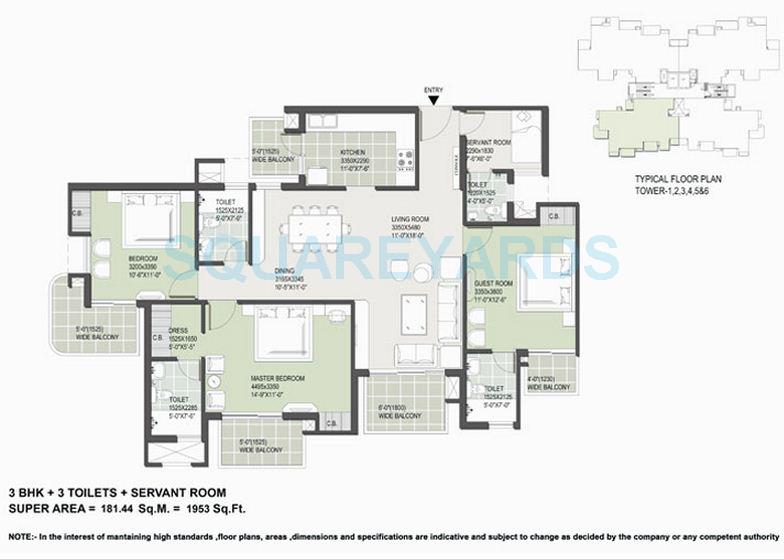 Floor plan of 3 BHK 1953 Sq. Ft. Apartment in Satya The Hermitage, Gurgaon