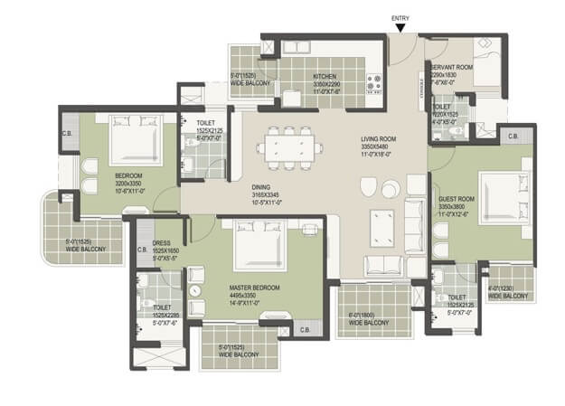 Floor plan of 3 BHK 1991 Sq. Ft. Apartment in Satya The Hermitage, Gurgaon