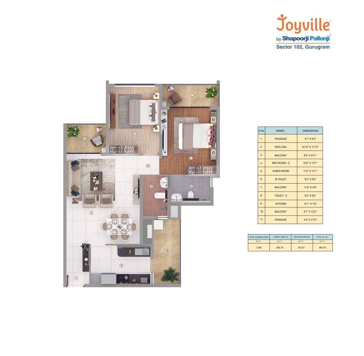 Floor plan of 2 BHK 1368 Sq. Ft. Apartment in Shapoorji Pallonji Joyville Phase 2, Gurgaon