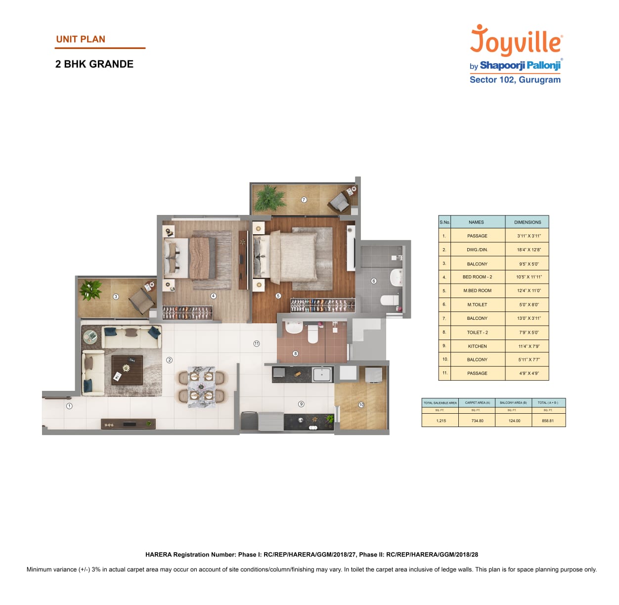 Floor plan of 2 BHK 1215 Sq. Ft. Apartment in Shapoorji Pallonji Joyville Phase 2, Gurgaon