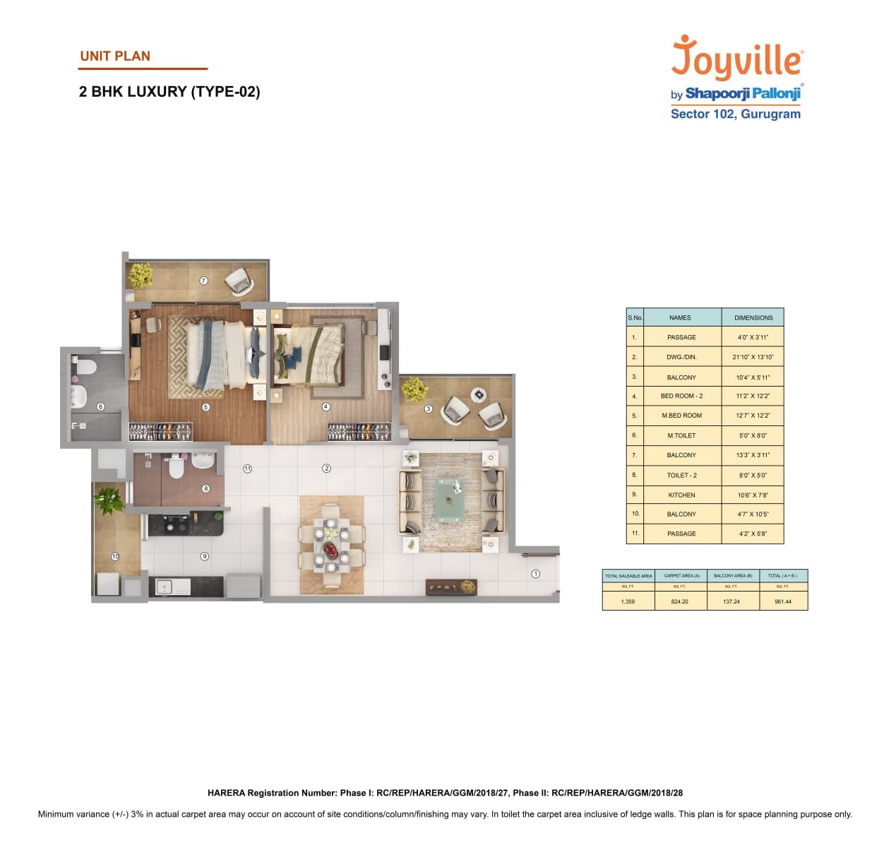 Floor plan of 2 BHK 1359 Sq. Ft. Apartment in Shapoorji Pallonji Joyville Phase 2, Gurgaon