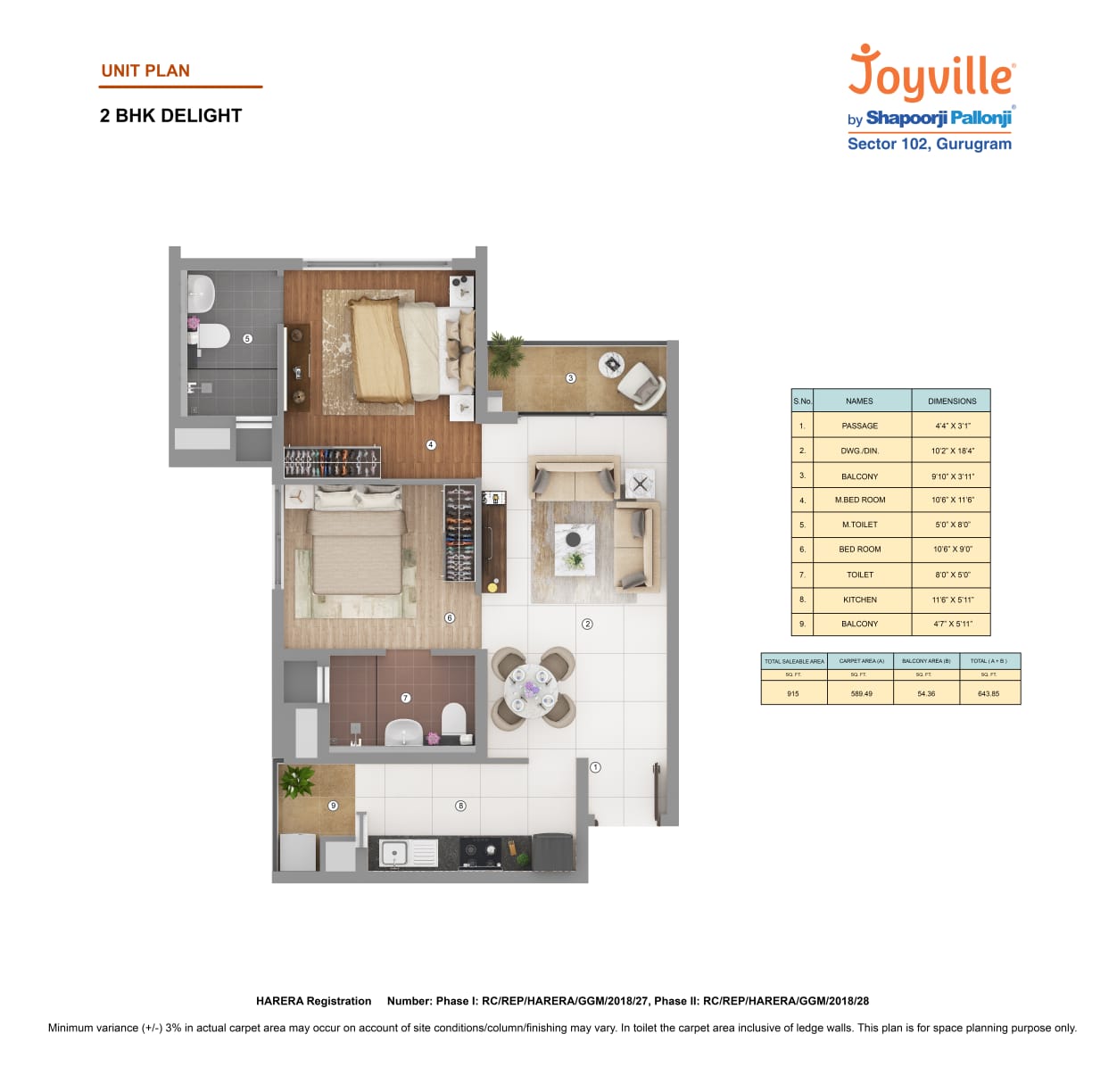 Floor plan of 2 BHK 915 Sq. Ft. Apartment in Shapoorji Pallonji Joyville Phase 2, Gurgaon