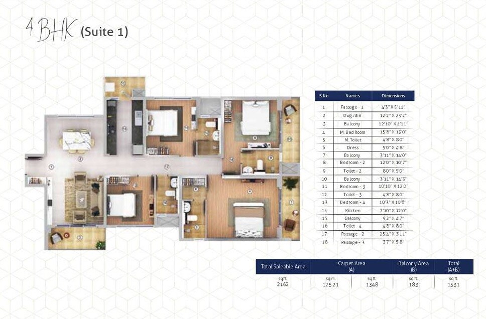 Floor plan of 3 BHK 2162 Sq. Ft. Apartment in Shapoorji Pallonji Joyville Phase 2, Gurgaon