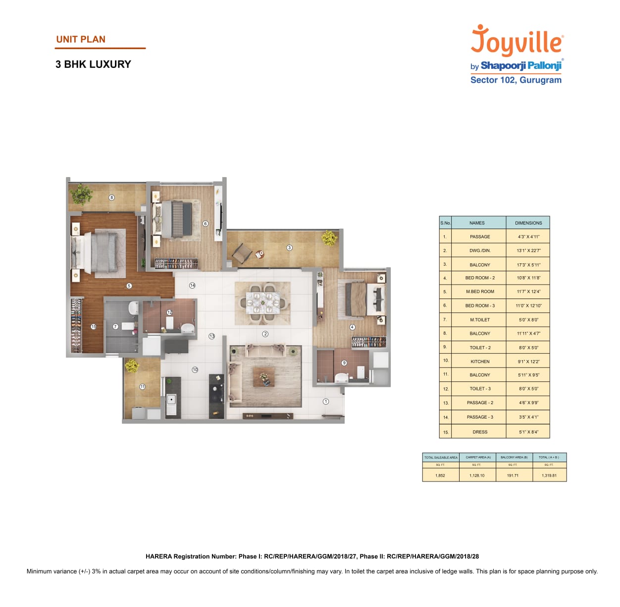 Floor plan of 3 BHK 1852 Sq. Ft. Apartment in Shapoorji Pallonji Joyville Phase 2, Gurgaon