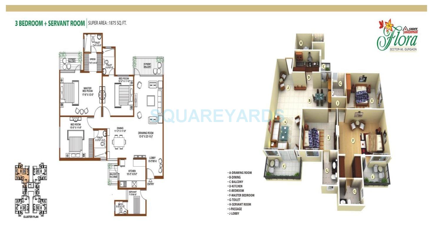 Floor plan of 3 BHK 1875 Sq. Ft. Apartment in Shree Vardhman Flora, Gurgaon