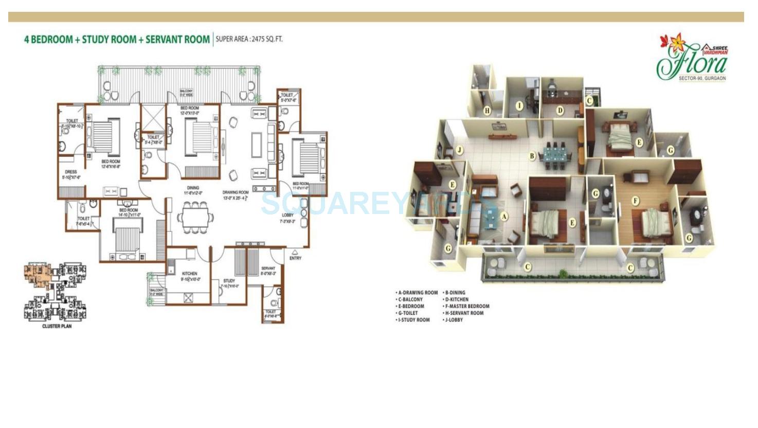 Floor plan of 4 BHK 2475 Sq. Ft. Apartment in Shree Vardhman Flora, Gurgaon