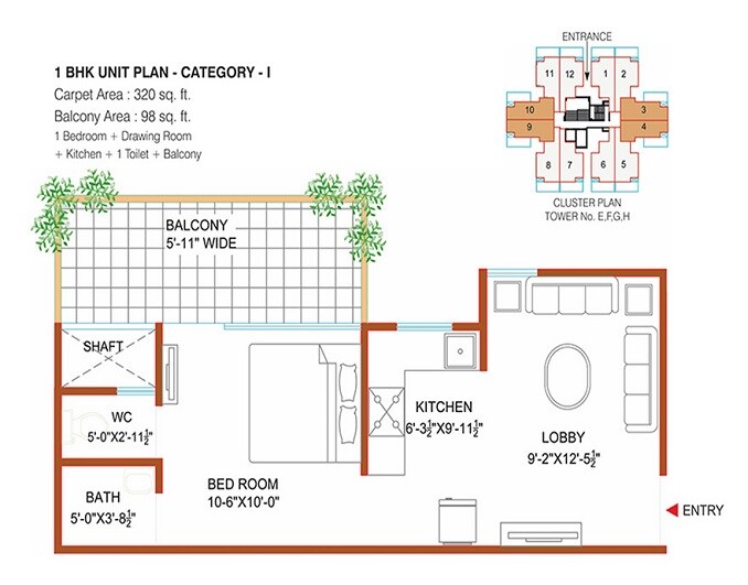 Floor plan of 1 BHK 418 Sq. Ft. Apartment in Shree Vardhman Green Court, Gurgaon