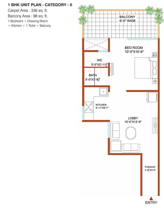 Floor plan of 1 BHK 432 Sq. Ft. Apartment in Shree Vardhman Green Court, Gurgaon