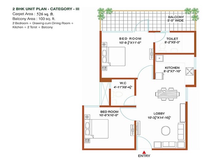 Floor plan of 2 BHK 626 Sq. Ft. Apartment in Shree Vardhman Green Court, Gurgaon