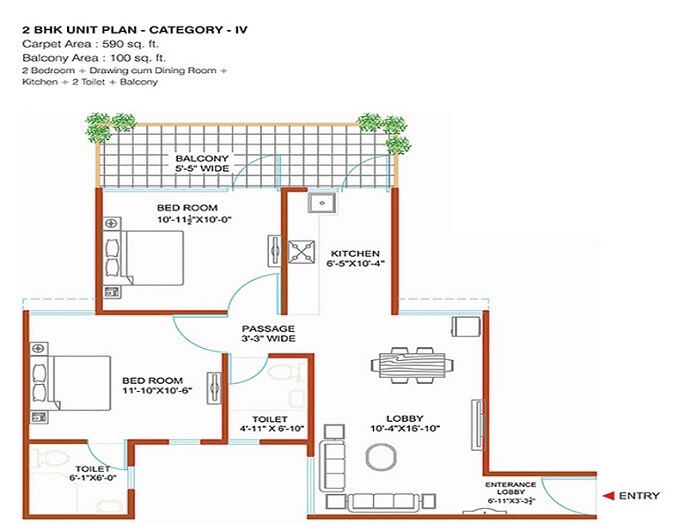 Floor plan of 2 BHK 690 Sq. Ft. Apartment in Shree Vardhman Green Court, Gurgaon