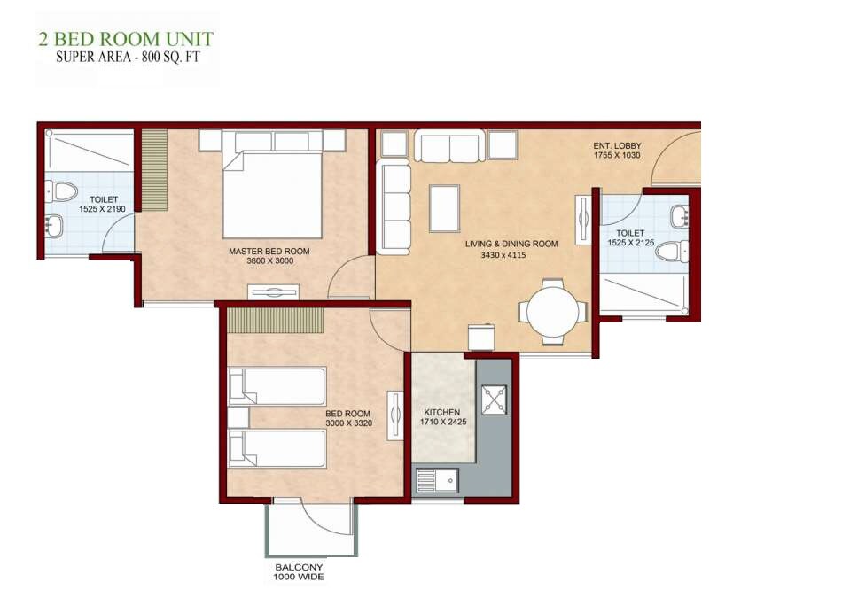 Floor plan of 2 BHK 800 Sq. Ft. Apartment in Shree Vardhman Mantra, Gurgaon