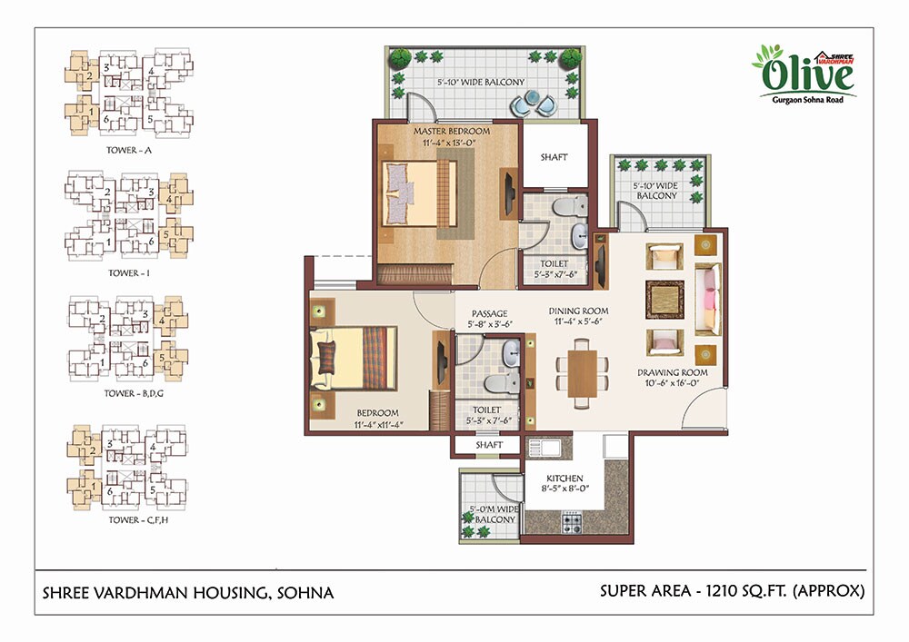 Floor plan of 2 BHK 1210 Sq. Ft. Apartment in Shree Vardhman Olive, Gurgaon