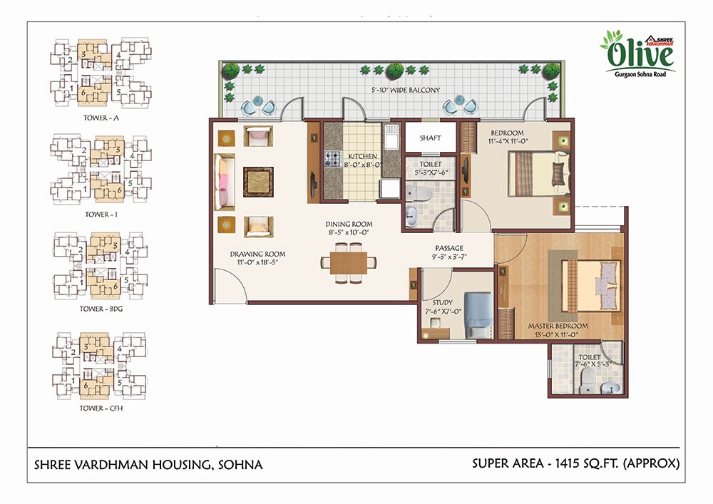 Floor plan of 2 BHK 1415 Sq. Ft. Apartment in Shree Vardhman Olive, Gurgaon