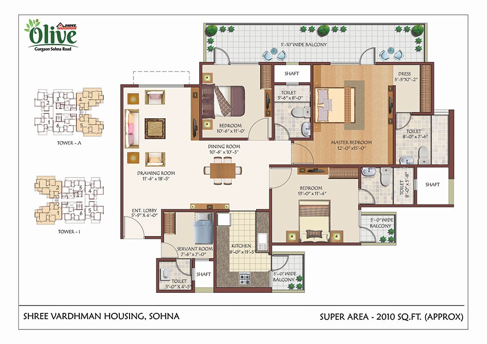 Floor plan of 3 BHK 2010 Sq. Ft. Apartment in Shree Vardhman Olive, Gurgaon