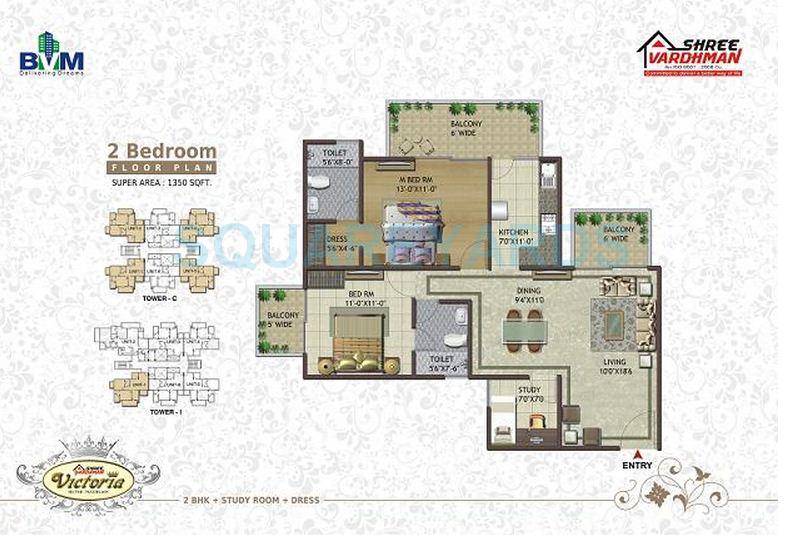 Floor plan of 2 BHK 1350 Sq. Ft. Apartment in Shree Vardhman Victoria, Gurgaon