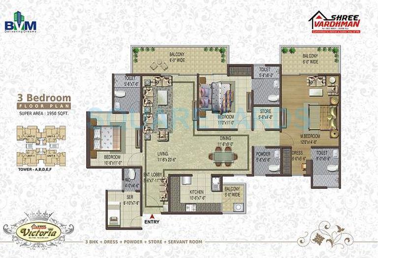 Floor plan of 3 BHK 1950 Sq. Ft. Apartment in Shree Vardhman Victoria, Gurgaon