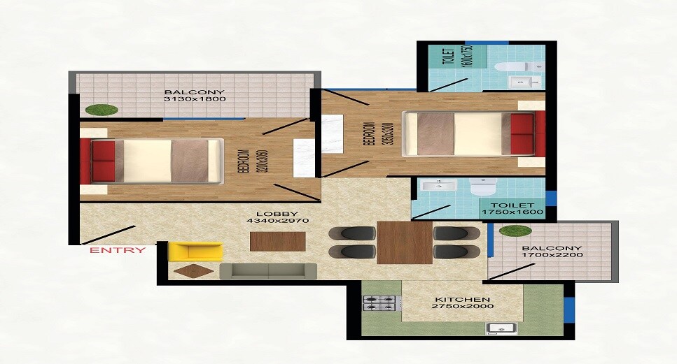 Floor plan of 2 BHK 615 Sq. Ft. Apartment in Sidhartha Diplomats Golf Link, Gurgaon