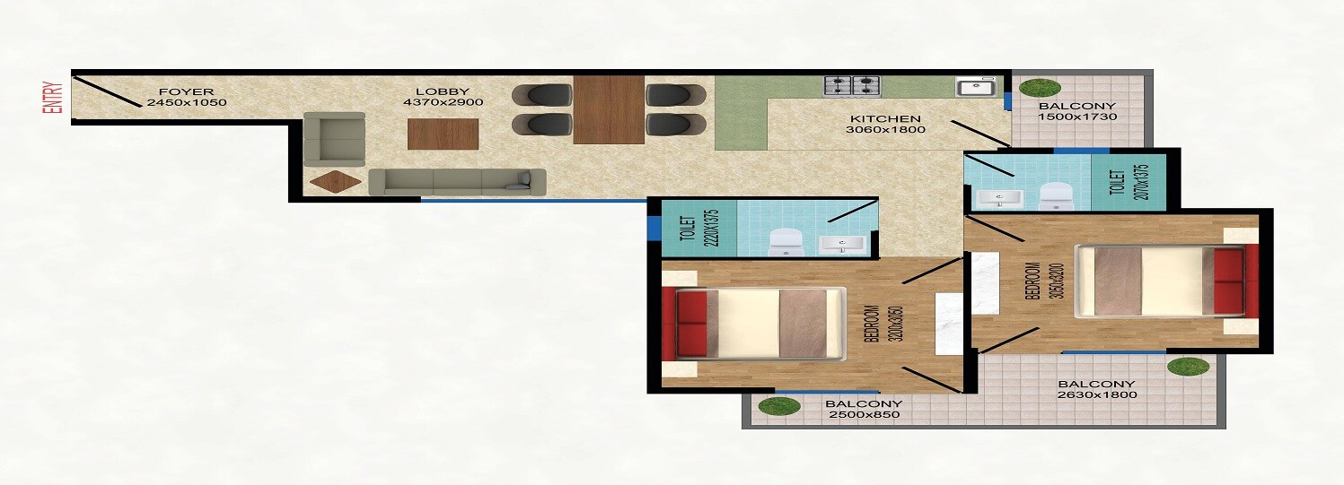 Floor plan of 2 BHK 663 Sq. Ft. Apartment in Sidhartha Diplomats Golf Link, Gurgaon