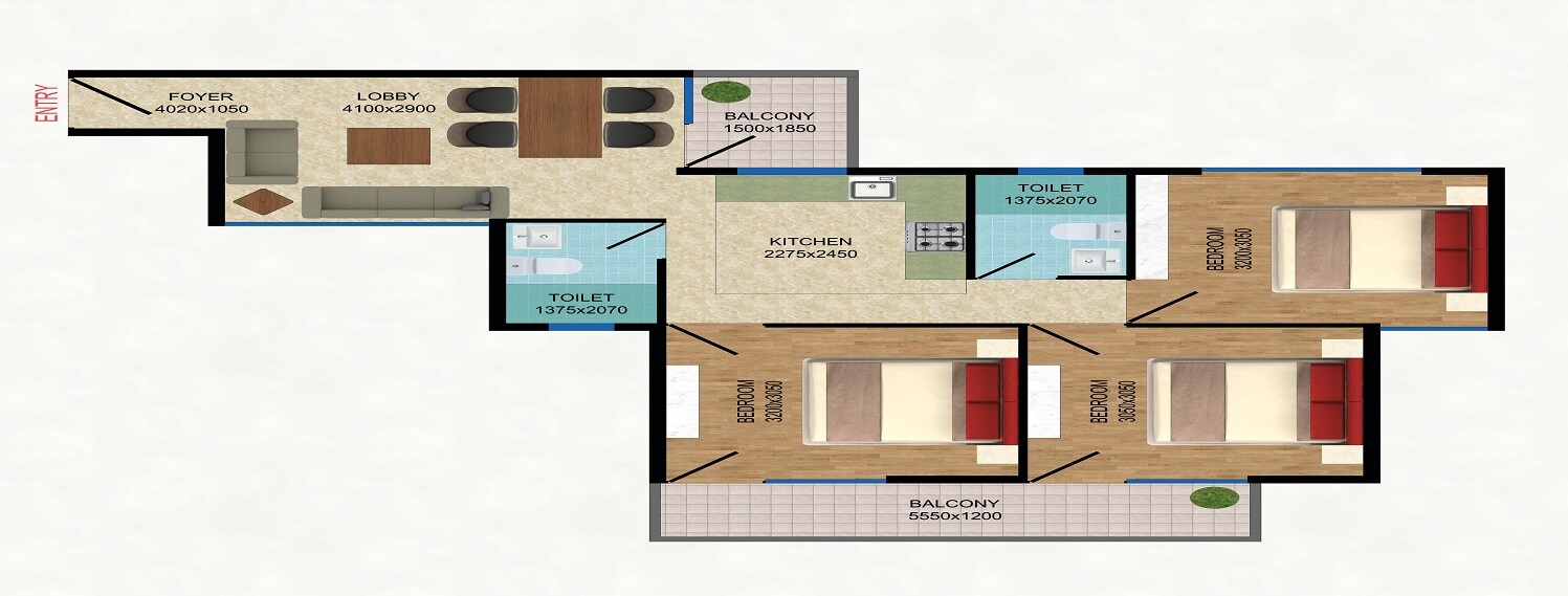 Floor plan of 3 BHK 746 Sq. Ft. Apartment in Sidhartha Diplomats Golf Link, Gurgaon