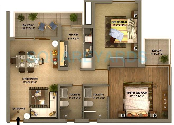 Floor plan of 2 BHK 1245 Sq. Ft. Apartment in Sidhartha Estella, Gurgaon
