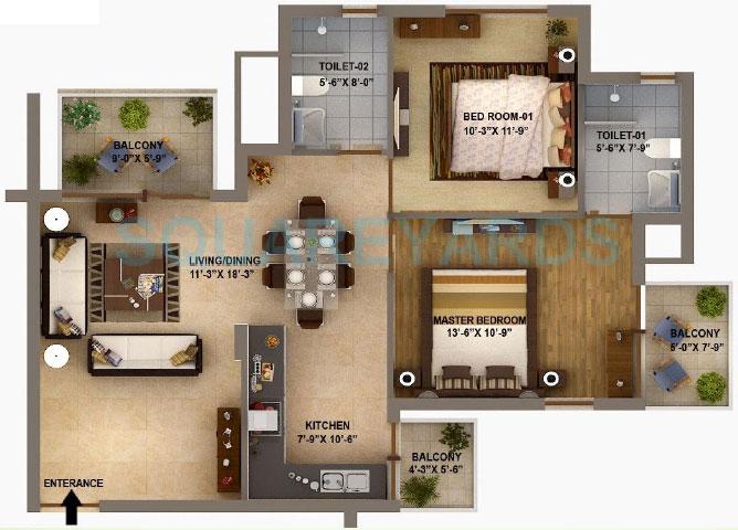 Floor plan of 2 BHK 1255 Sq. Ft. Apartment in Sidhartha Estella, Gurgaon