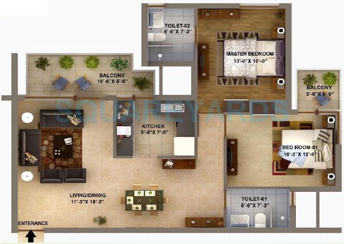 Floor plan of 2 BHK 1322 Sq. Ft. Apartment in Sidhartha Estella, Gurgaon