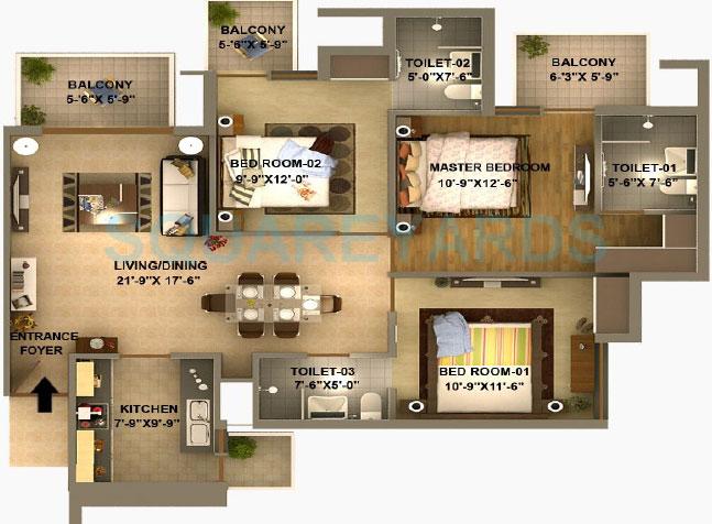 Floor plan of 3 BHK 1640 Sq. Ft. Apartment in Sidhartha Estella, Gurgaon