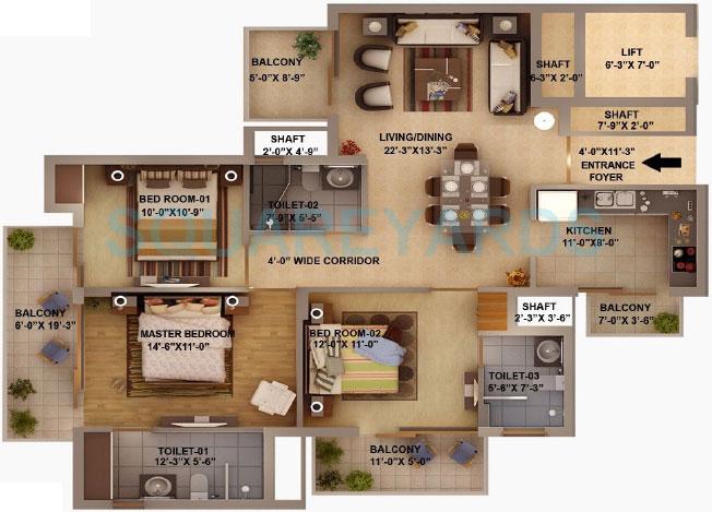 Floor plan of 3 BHK 1725 Sq. Ft. Apartment in Sidhartha Estella, Gurgaon