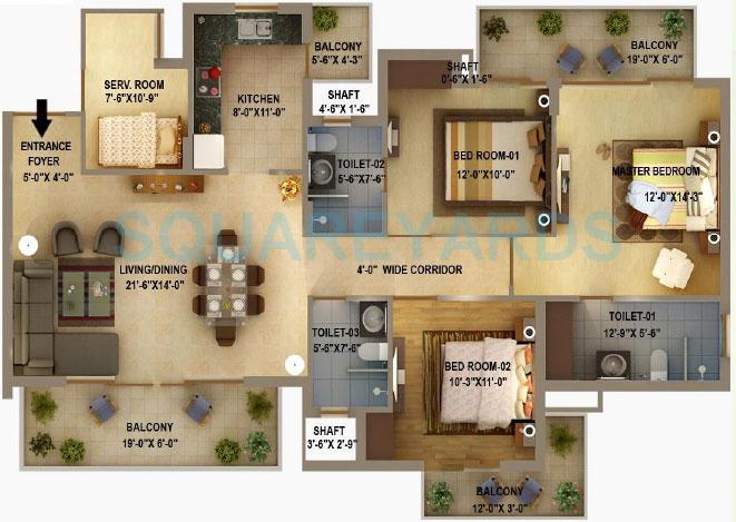 Floor plan of 3 BHK 1910 Sq. Ft. Apartment in Sidhartha Estella, Gurgaon