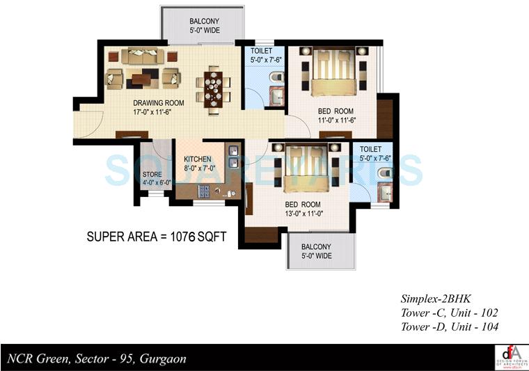 Floor plan of 2 BHK 1076 Sq. Ft. Apartment in Sidhartha NCR Green, Gurgaon