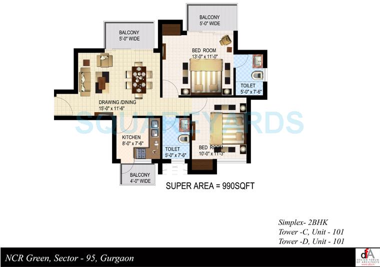 Floor plan of 2 BHK 990 Sq. Ft. Apartment in Sidhartha NCR Green, Gurgaon