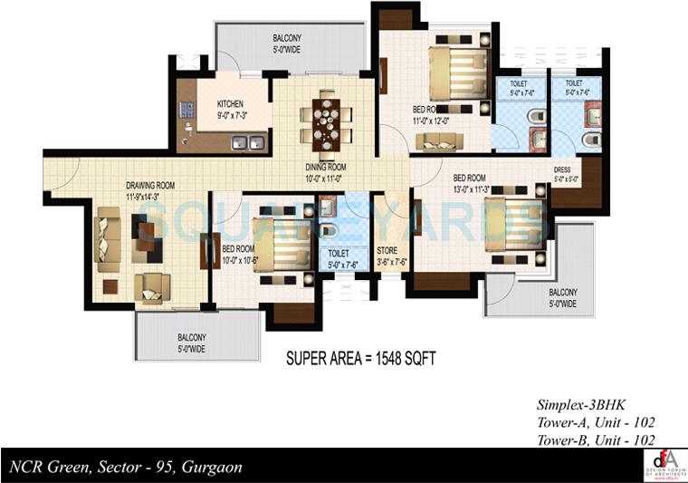 Floor plan of 3 BHK 1548 Sq. Ft. Apartment in Sidhartha NCR Green, Gurgaon