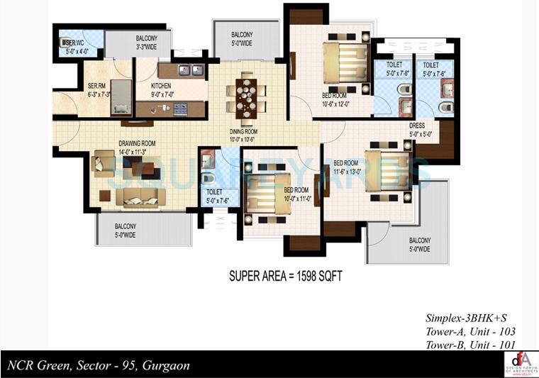 Floor plan of 3 BHK 1598 Sq. Ft. Apartment in Sidhartha NCR Green, Gurgaon
