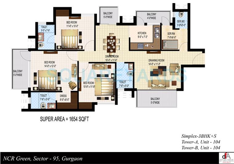 Floor plan of 3 BHK 1654 Sq. Ft. Apartment in Sidhartha NCR Green, Gurgaon